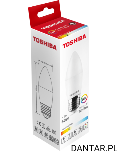 Żarówka led świeczka 7W E27 60W 806lm 3000k warm white Toshiba