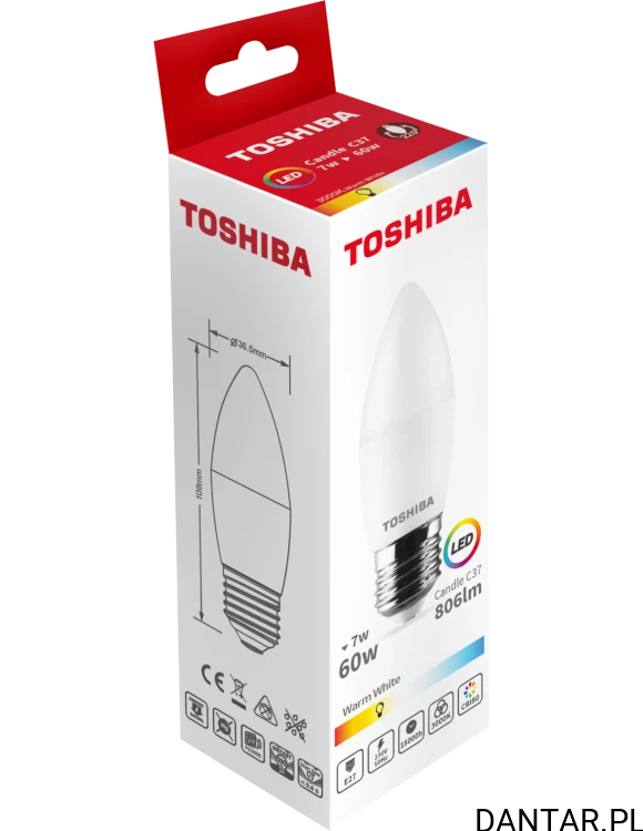 Żarówka led świeczka 7W E27 60W 806lm 3000k warm white Toshiba