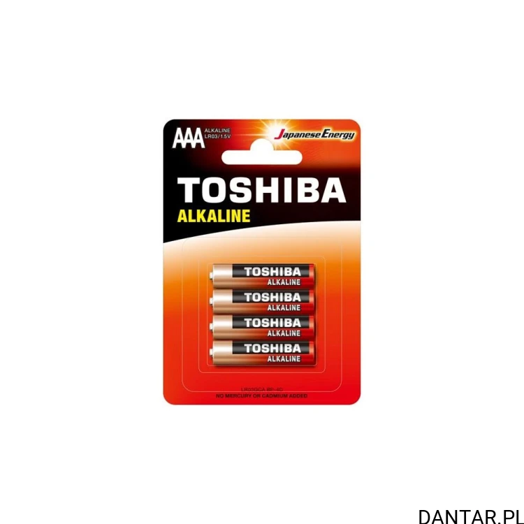 Blister czterech czerwonych baterii alkalicznych Toshiba LR03 AAA