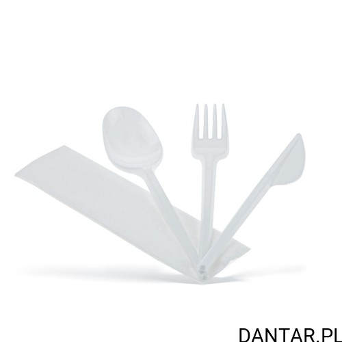 Zestaw widelec, nóż, łyżka, serwetka biały a250