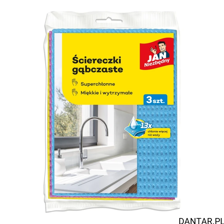 Opakowanie 3 kolorowych ściereczek gąbczastych Jan Niezbędny