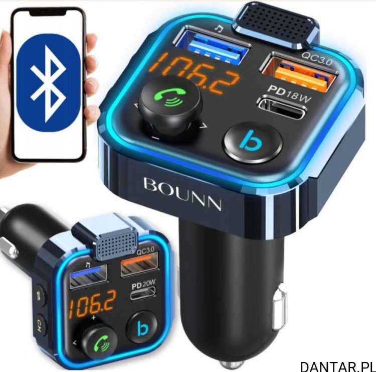 Ładowarka samochodowa z tunerem radiowym QC3.0 + PD18W BT23