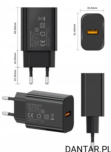 Ładowarka sieciowa QC3.0 USB 18W czarna Bounn