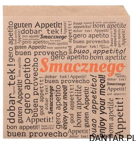 Torebka płaska koperta szara gazeta PE Smacznego 175x170 22182 Kram a200/10