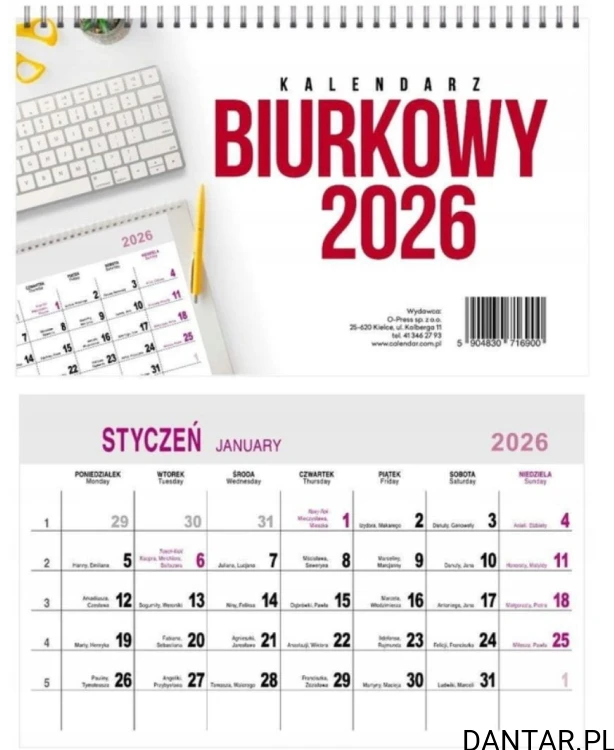 Kalendarz biurkowy poziomy 2026