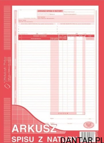 Druk arkusz spisu z natury A4 pionowy a1/5
