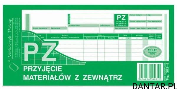 Druk PZ przyjęcie materiałów z zewnątrz 352-8