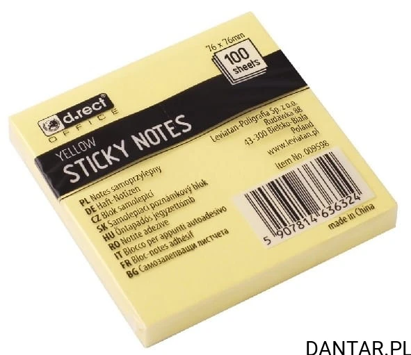 Notes samoprzylepny 76x76mm żółty 100k D.rect a1/12/384