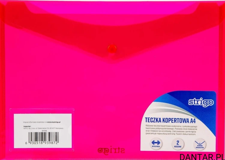 Koperta A4 210x297 PP z dwiema kieszeniami pozioma różowa Strigo