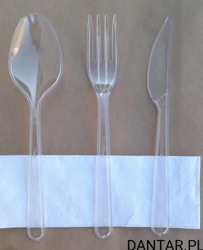 Zestaw transparentnych sztućców widelec+nóż+łyżka+biała serwetka a250 09361