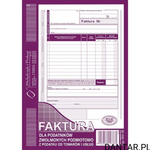 Druk Faktura A5 Dla Podatników Zwolnionych Z Podatku Od Towarów I Usług 202-3e