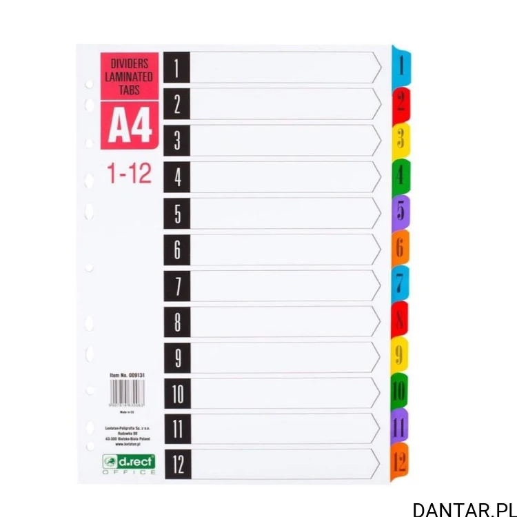 Przekładki A4 1-12 laminowane D.rect