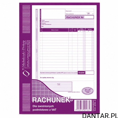 Druk A5 233-3 rachunek dla zwolnionych z vat a1/5