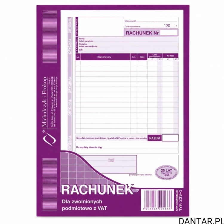 Druk A5 233-3 rachunek dla zwolnionych z vat a1/5
