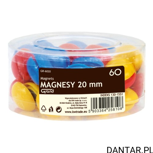 Magnesy GRAND GR-6020 20 mm, miks kolorów, tuba 60 szt.