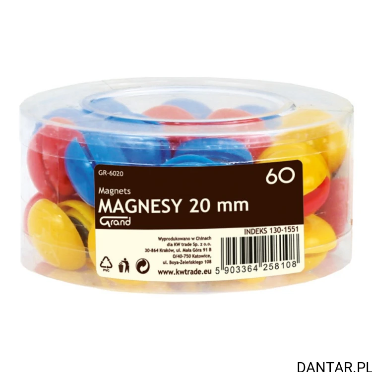 Magnesy GRAND GR-6020 20 mm, miks kolorów, tuba 60 szt.