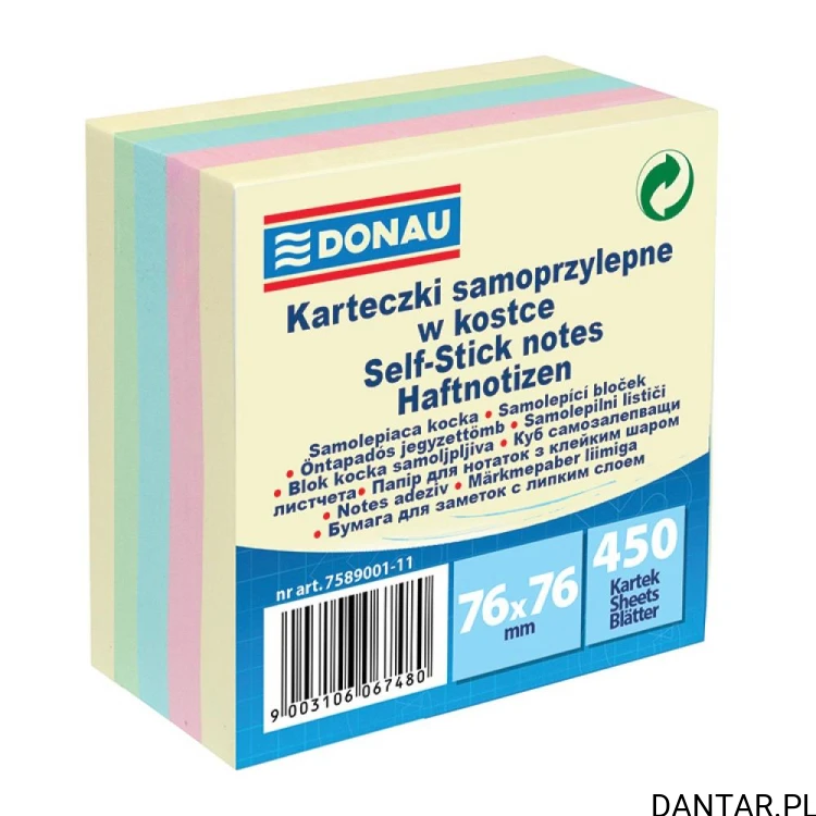 Kostka samoprzylepna Donau 76 x 76 mm, 450 pastelowych karteczek