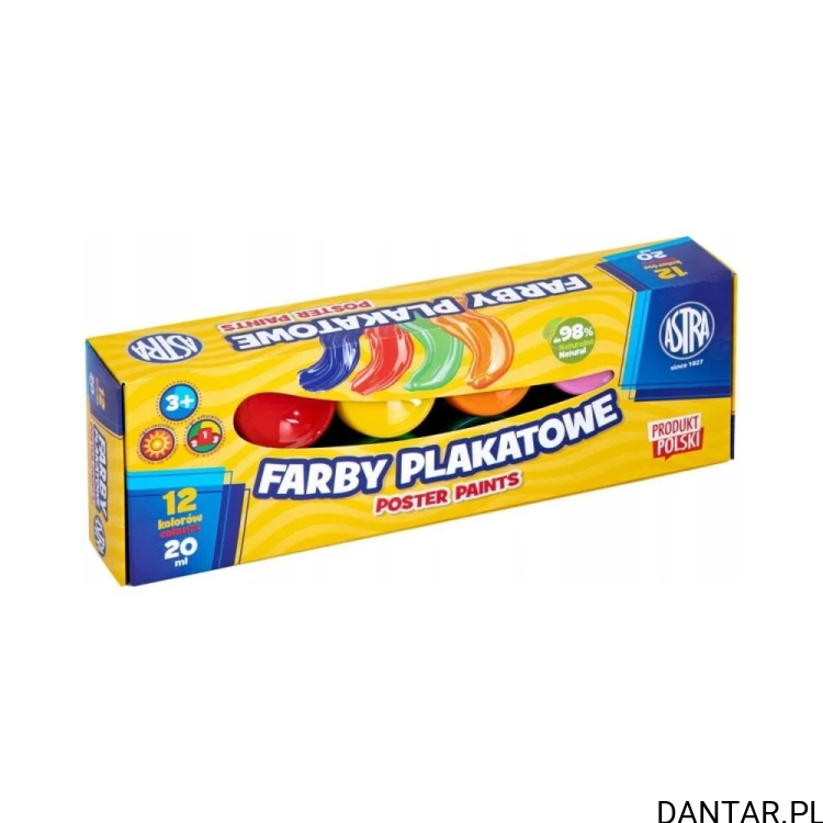Farby plakatowe Astra 12 kolorów po 20 ml Standard Box