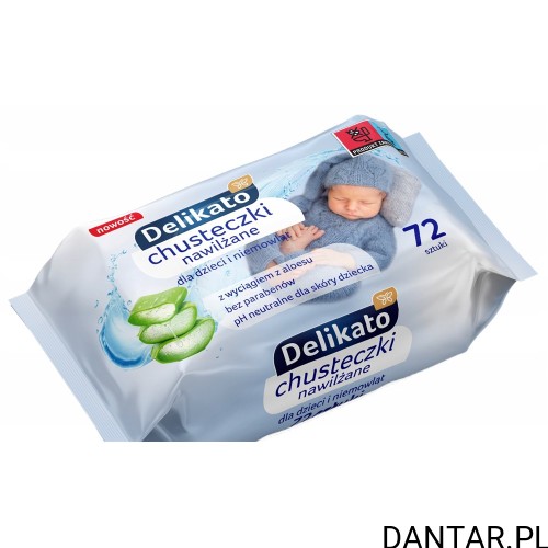 Niebieskie opakowanie chusteczek nawilżanych Delikato dla dzieci 72 sztuki