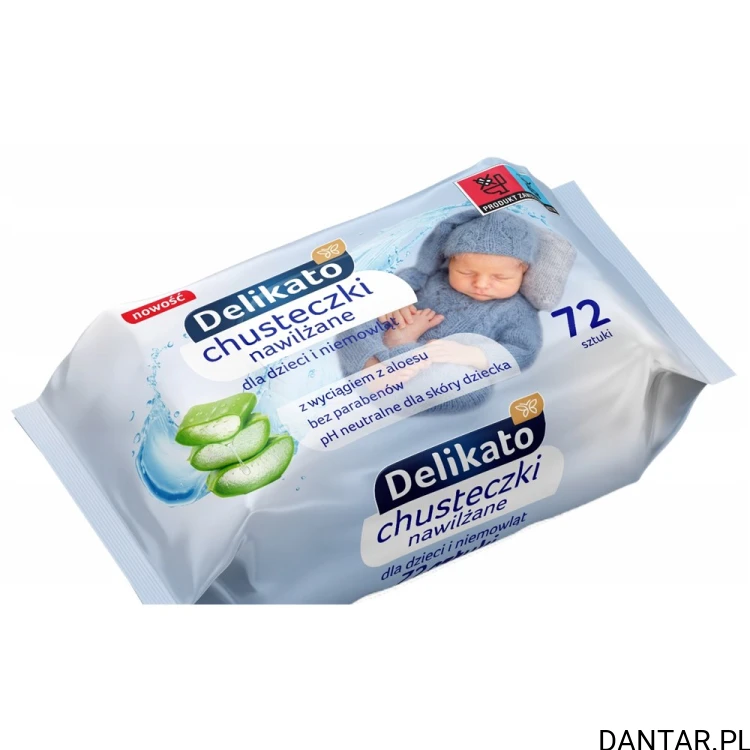 Niebieskie opakowanie chusteczek nawilżanych Delikato dla dzieci 72 sztuki