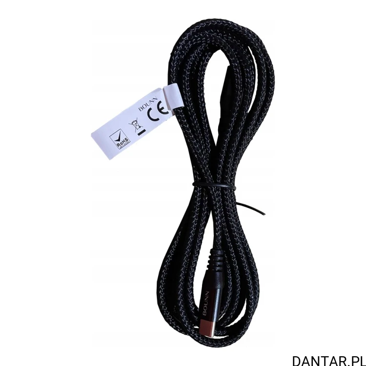 Czarny kabel Bounn USB-C w nylonowym oplocie, zwinięty z etykietą