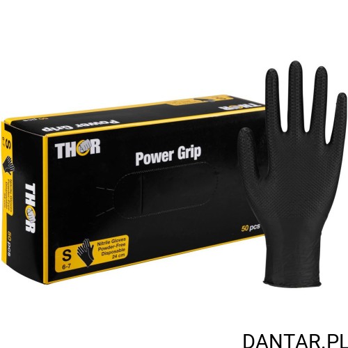 Czarne rękawice nitrylowe THOR Power Grip S i pudełko 50 sztuk