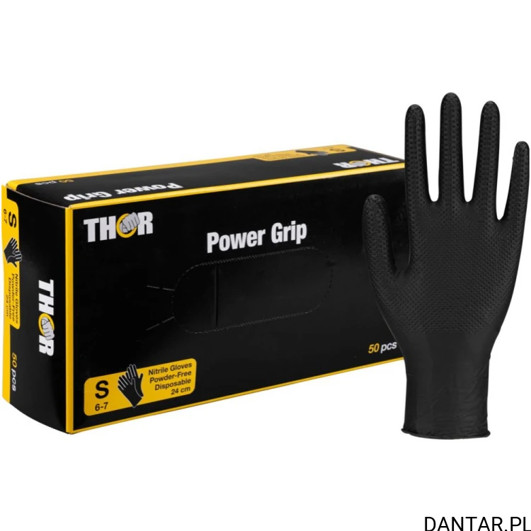 Czarne rękawice nitrylowe THOR Power Grip S i pudełko 50 sztuk