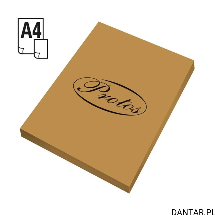 Paczka papieru ksero Protos A4 160 g w kolorze jasnobrązowym z logo producenta na wierzchnim arkuszu