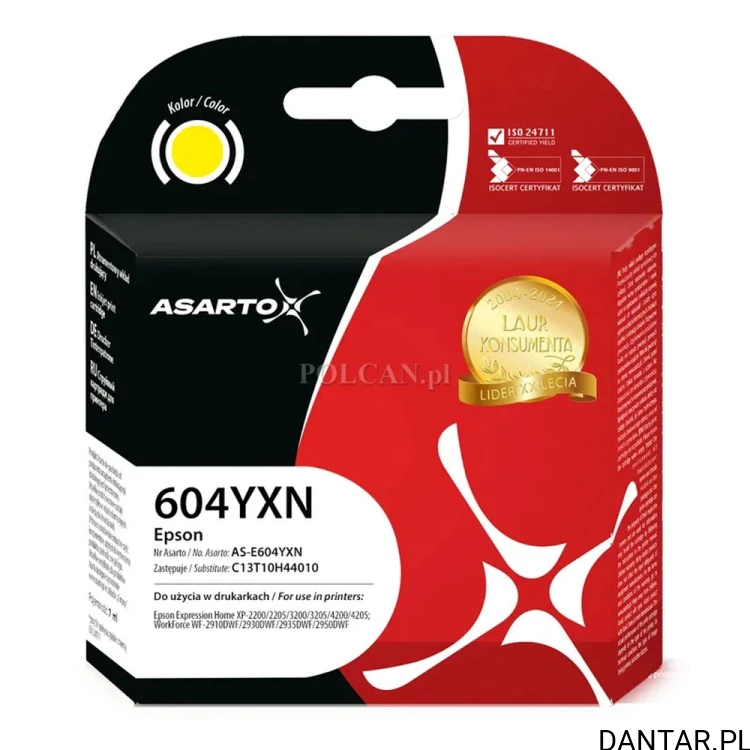 Kartonik tuszu Asarto 604YXN do Epson 604XL w kolorze żółtym, czarno czerwone opakowanie