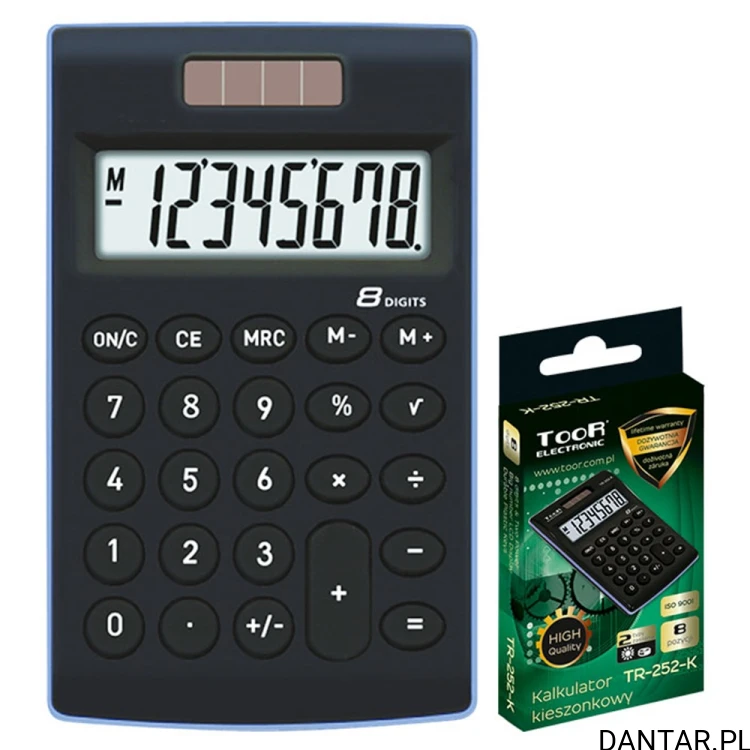 Czarny kalkulator kieszonkowy Toor Electronic TR-252-K z 8-pozycyjnym wyświetlaczem obok zielonego pudełka producenta