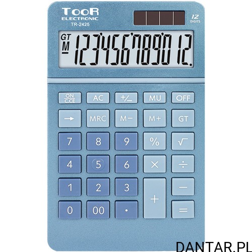 Niebieski kalkulator biurowy Toor Electronic TR-2425 z 12-pozycyjnym wyświetlaczem LCD i ogniwem słonecznym