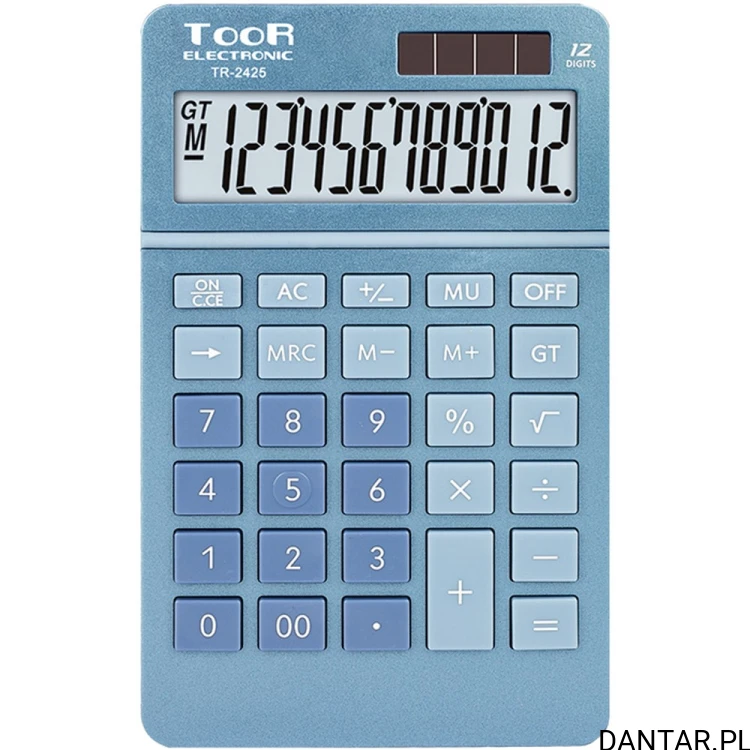 Niebieski kalkulator biurowy Toor Electronic TR-2425 z 12-pozycyjnym wyświetlaczem LCD i ogniwem słonecznym