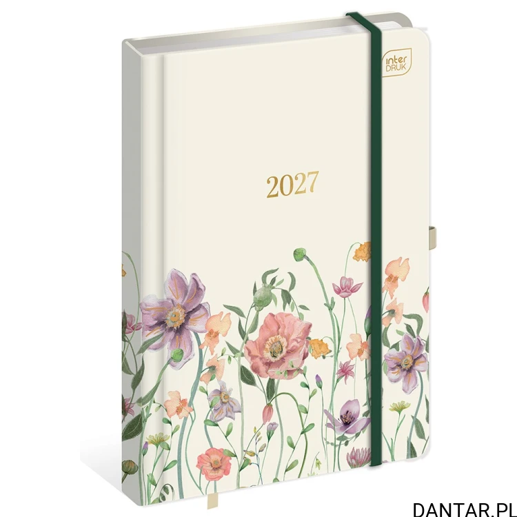 Kalendarz książkowy A5 na 2027 rok Interdruk w kremowej okładce Metallic Flowers z polnymi kwiatami
