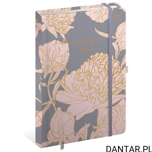 Kalendarz książkowy A5 na 2027 rok Interdruk w szarej okładce Metallic Peony z różowo-złotymi piwoniami