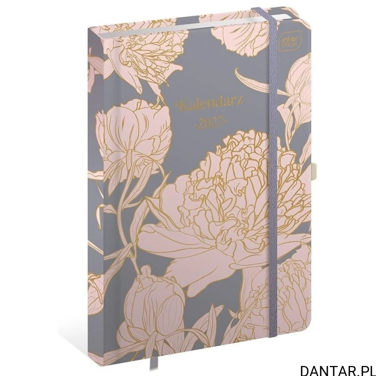 Kalendarz książkowy A5 na 2027 rok Interdruk w szarej okładce Metallic Peony z różowo-złotymi piwoniami