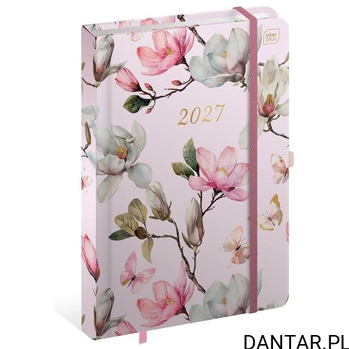 Kalendarz książkowy B5 na 2027 rok Interdruk w różowej okładce Metallic Magnolia z kwiatami magnolii i motylami