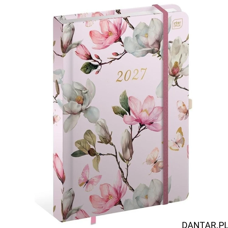 Kalendarz książkowy B5 na 2027 rok Interdruk w różowej okładce Metallic Magnolia z kwiatami magnolii i motylami