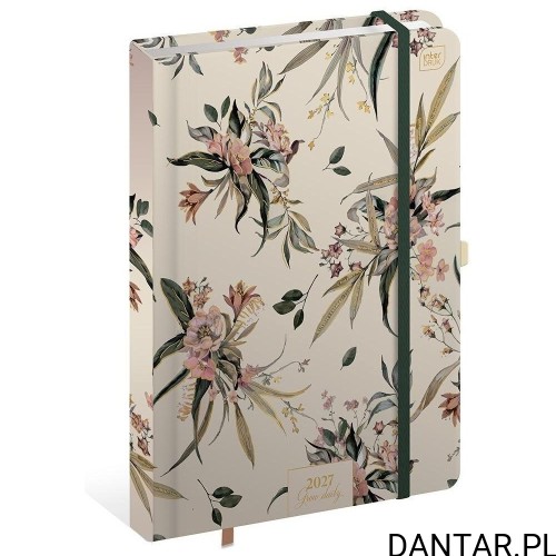 Kalendarz książkowy B5 na 2027 rok Interdruk w kremowej okładce Metallic Blossom Daily z kwiatowym wzorem