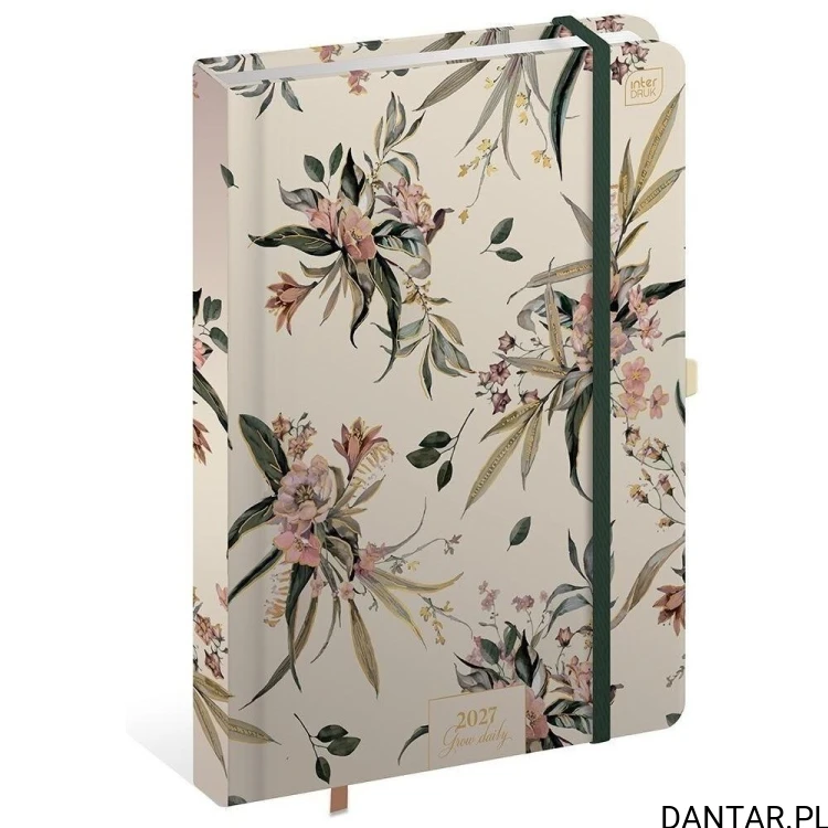 Kalendarz książkowy B5 na 2027 rok Interdruk w kremowej okładce Metallic Blossom Daily z kwiatowym wzorem