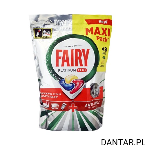 Opakowanie Fairy Platinum Plus Lemon z oznaczeniem 48 kapsułek