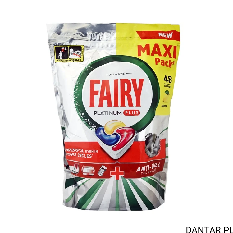 Opakowanie Fairy Platinum Plus Lemon z oznaczeniem 48 kapsułek