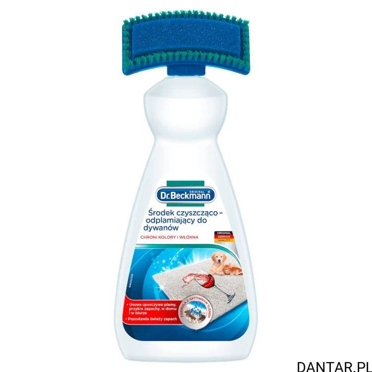 Jedna butelka środka do czyszczenia dywanów Dr. Beckmann 650 ml ze szczotką.