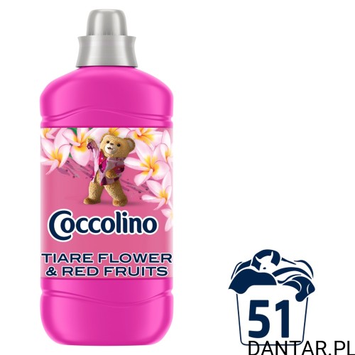 Jedna różowa butelka Coccolino Tiare Flower & Red Fruits 1275 ml z oznaczeniem 51 prań