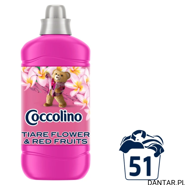 Jedna różowa butelka Coccolino Tiare Flower & Red Fruits 1275 ml z oznaczeniem 51 prań