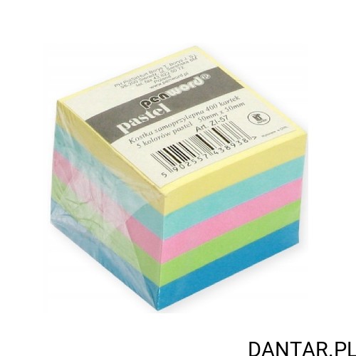 Jedna kostka Penword ZI-57, 400 samoprzylepnych kartek 50 x 50 mm w pięciu pastelowych kolorach