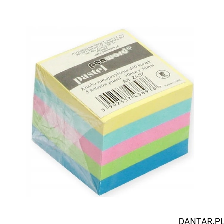 Jedna kostka Penword ZI-57, 400 samoprzylepnych kartek 50 x 50 mm w pięciu pastelowych kolorach
