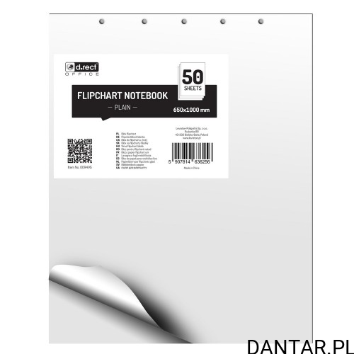 Biały blok flipchart D.RECT z etykietą 50 arkuszy 650x1000 mm i otworami u góry