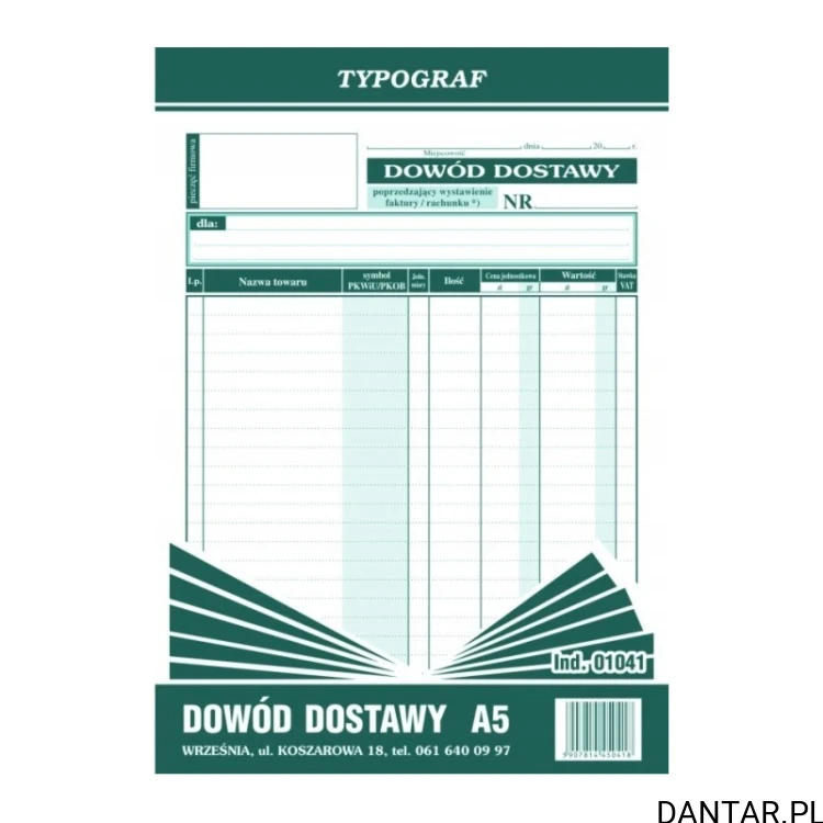 Druk Dowód dostawy A5 Typograf 01041, zielona okładka, 80 kartek