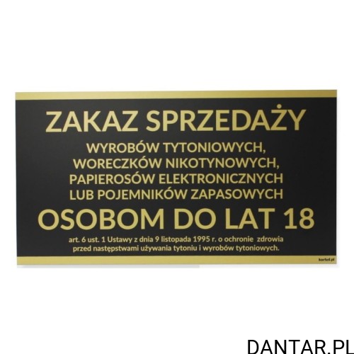 Czarno-złota tabliczka Korfed z zakazem sprzedaży tytoniu, woreczków nikotynowych i e-papierosów osobom do lat 18