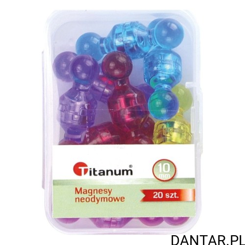 Przezroczyste pudełko Titanum z 20 kolorowymi magnesami neodymowymi 10 mm i etykietą liczby sztuk